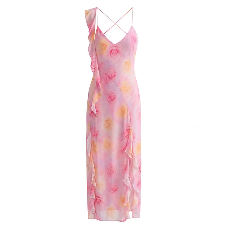 Petalia Pink Floral Ruffle Long Sling Backless Summer Maxi Dress