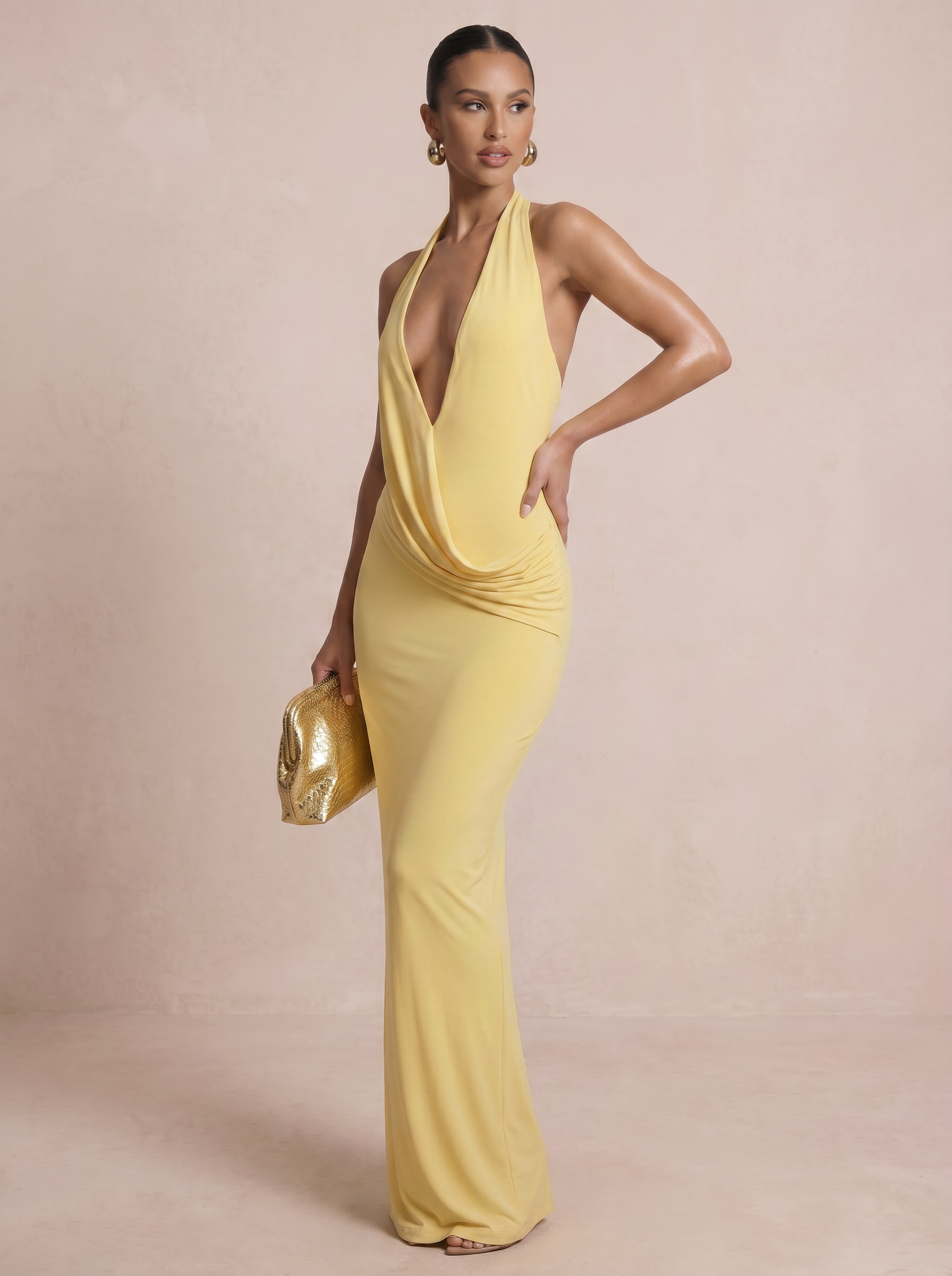 Nicole Yellow Halter Deep V-Neck Split Maxi Dress