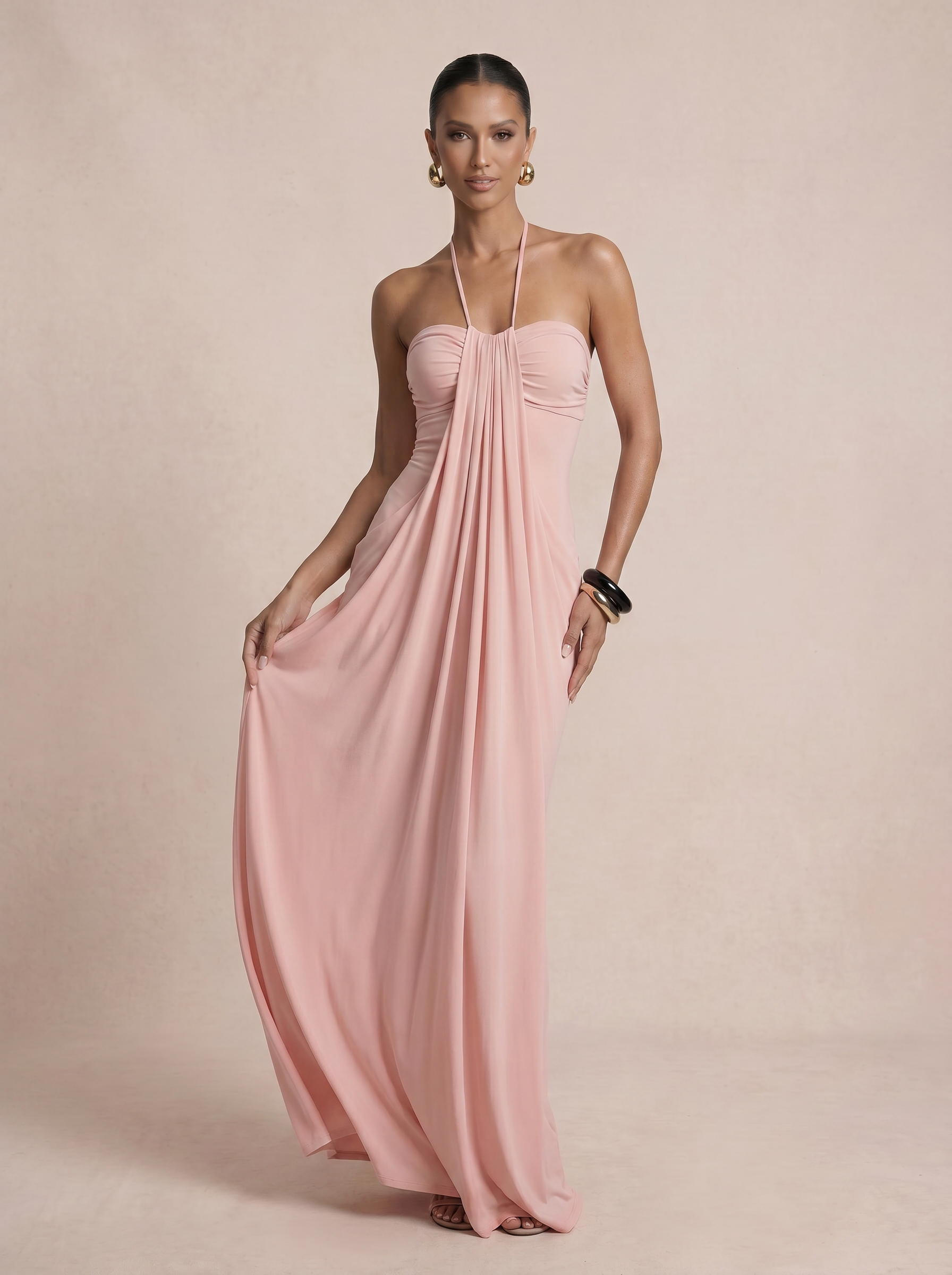 Whitney Pink Halter Off Shoulder Maxi Dress