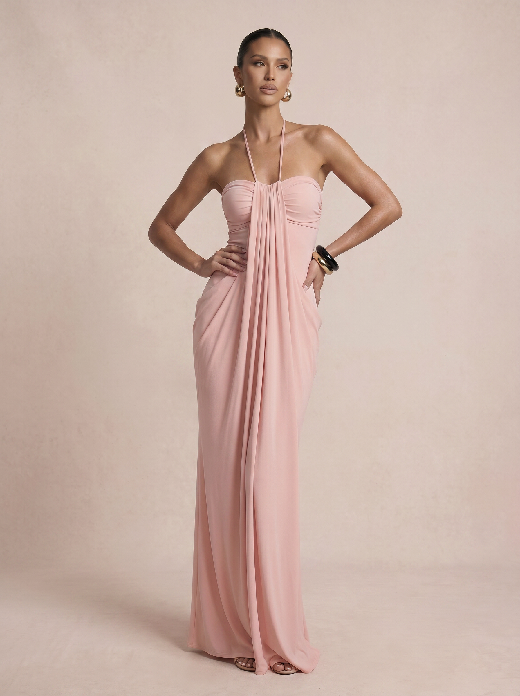 Whitney Pink Halter Off Shoulder Maxi Dress