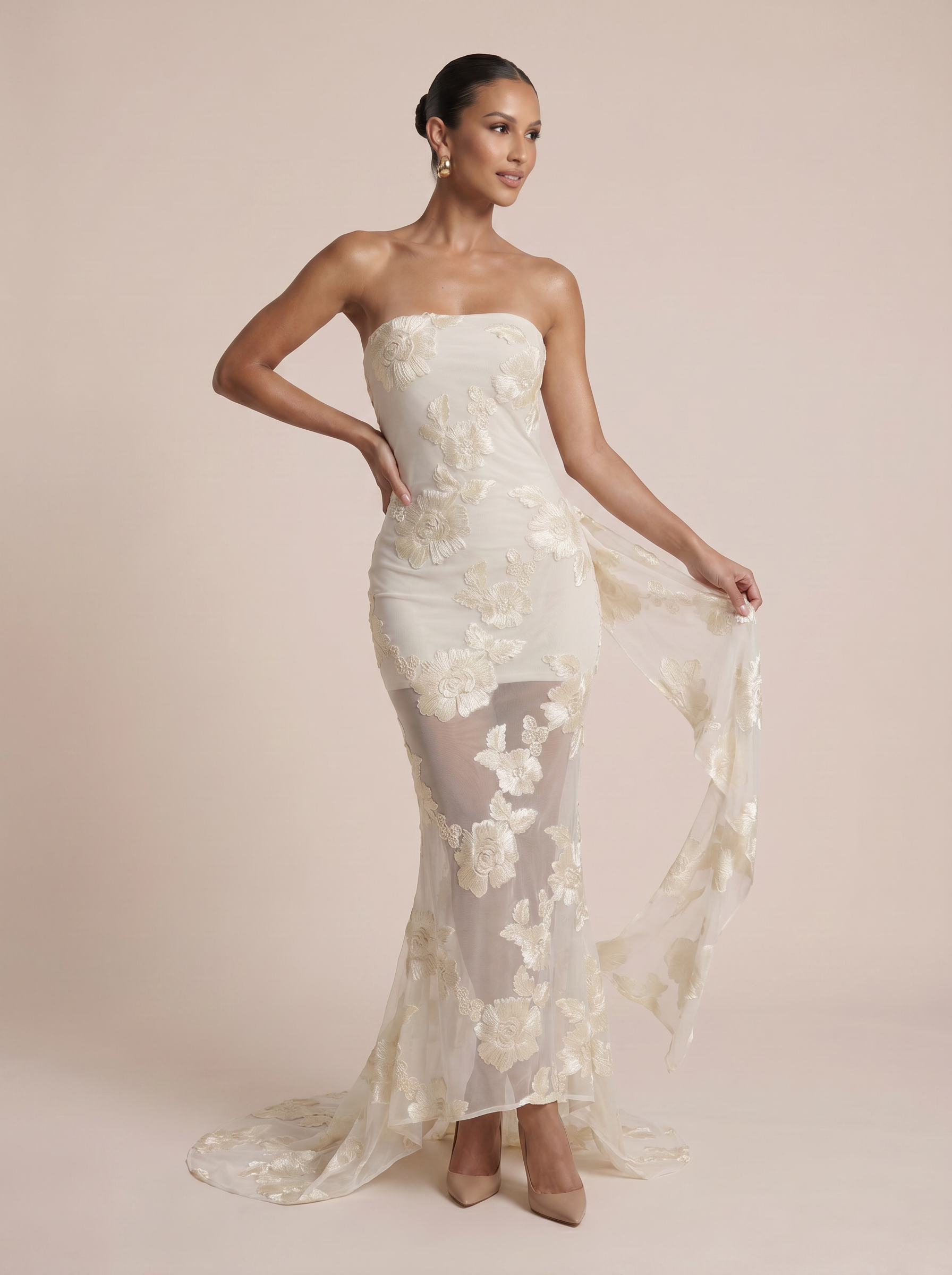 Kivia Strapless Embroidery Bodycon Maxi Dress