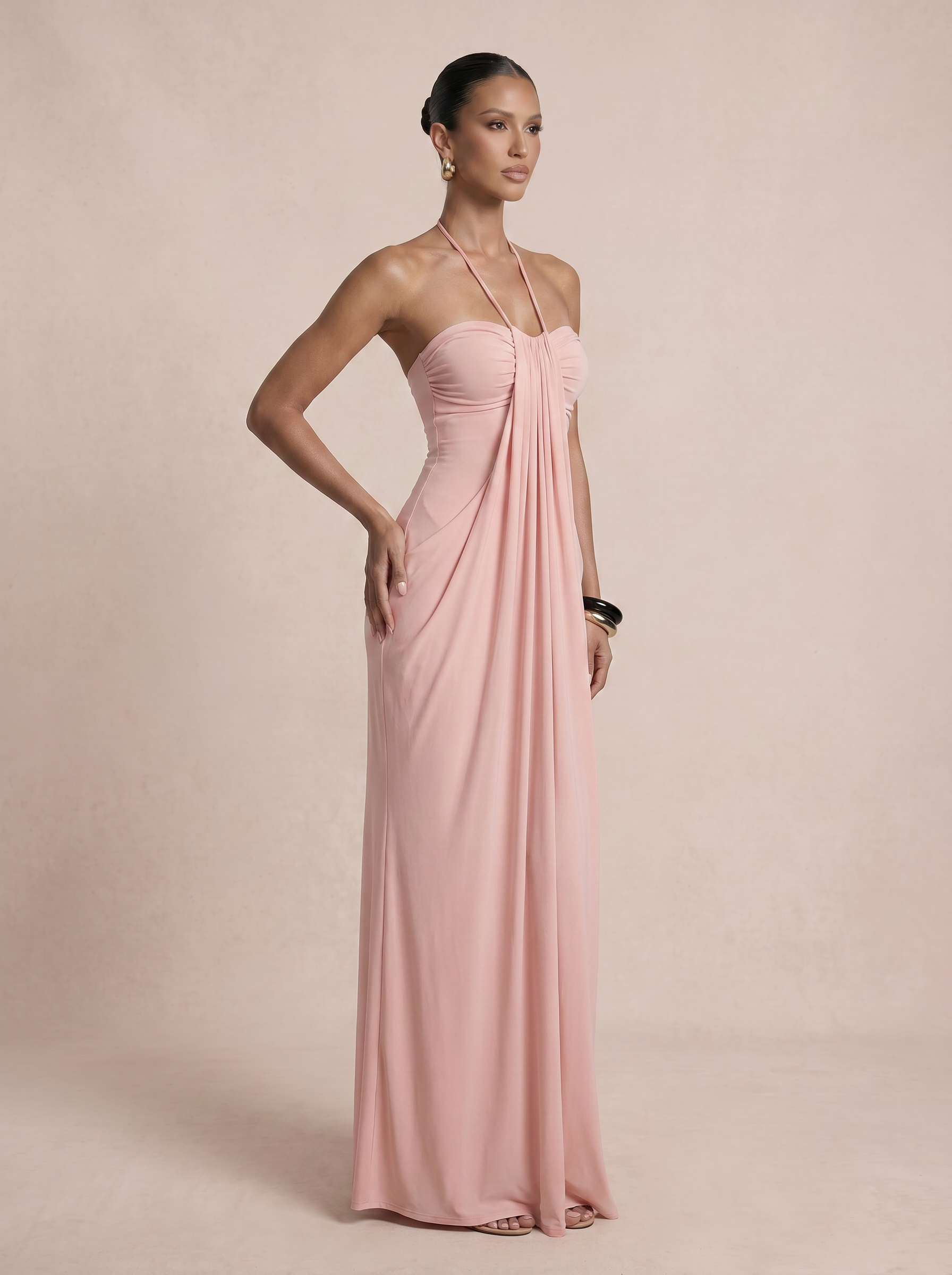 Whitney Pink Halter Off Shoulder Maxi Dress