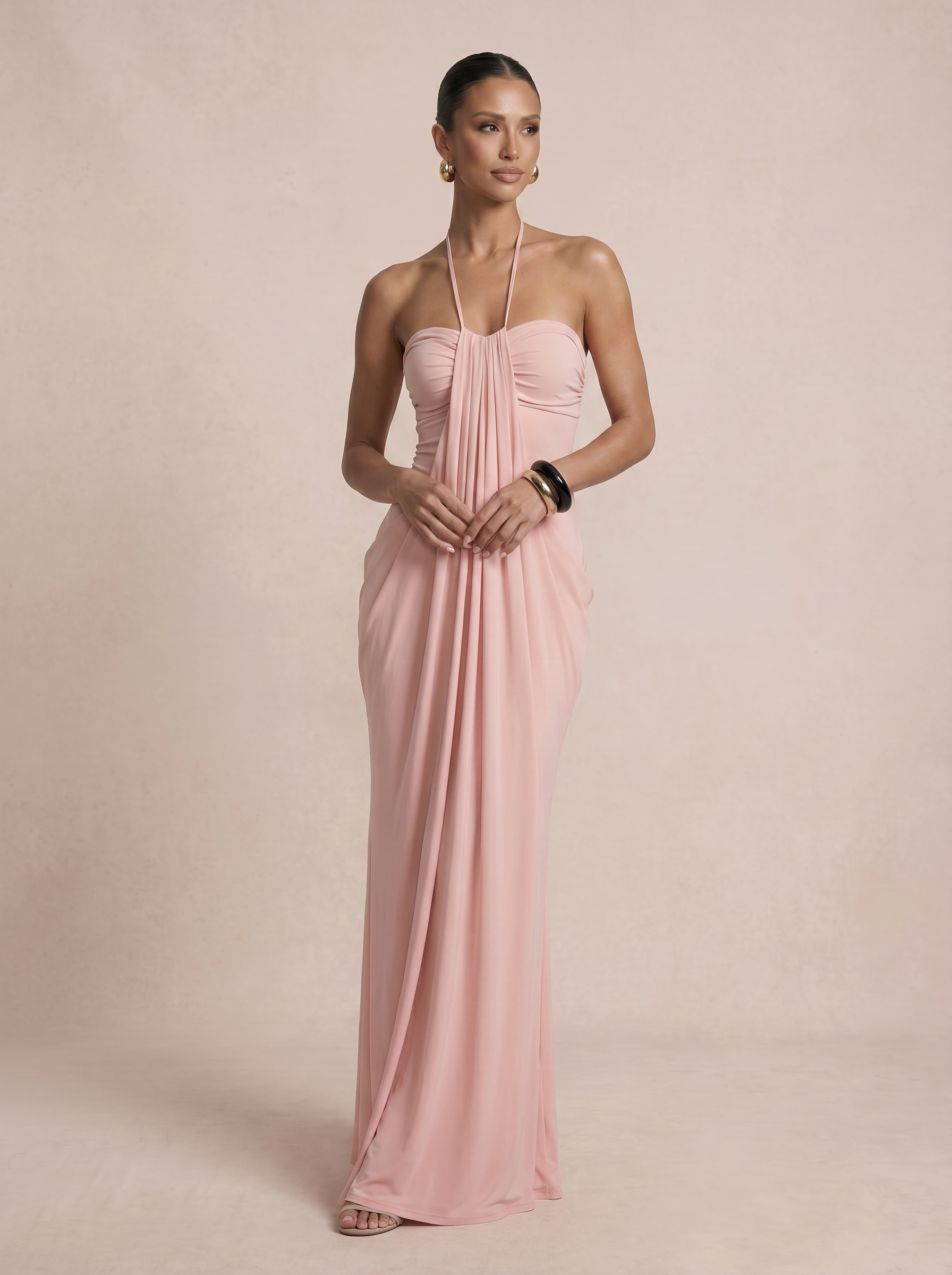 Whitney Pink Halter Off Shoulder Maxi Dress
