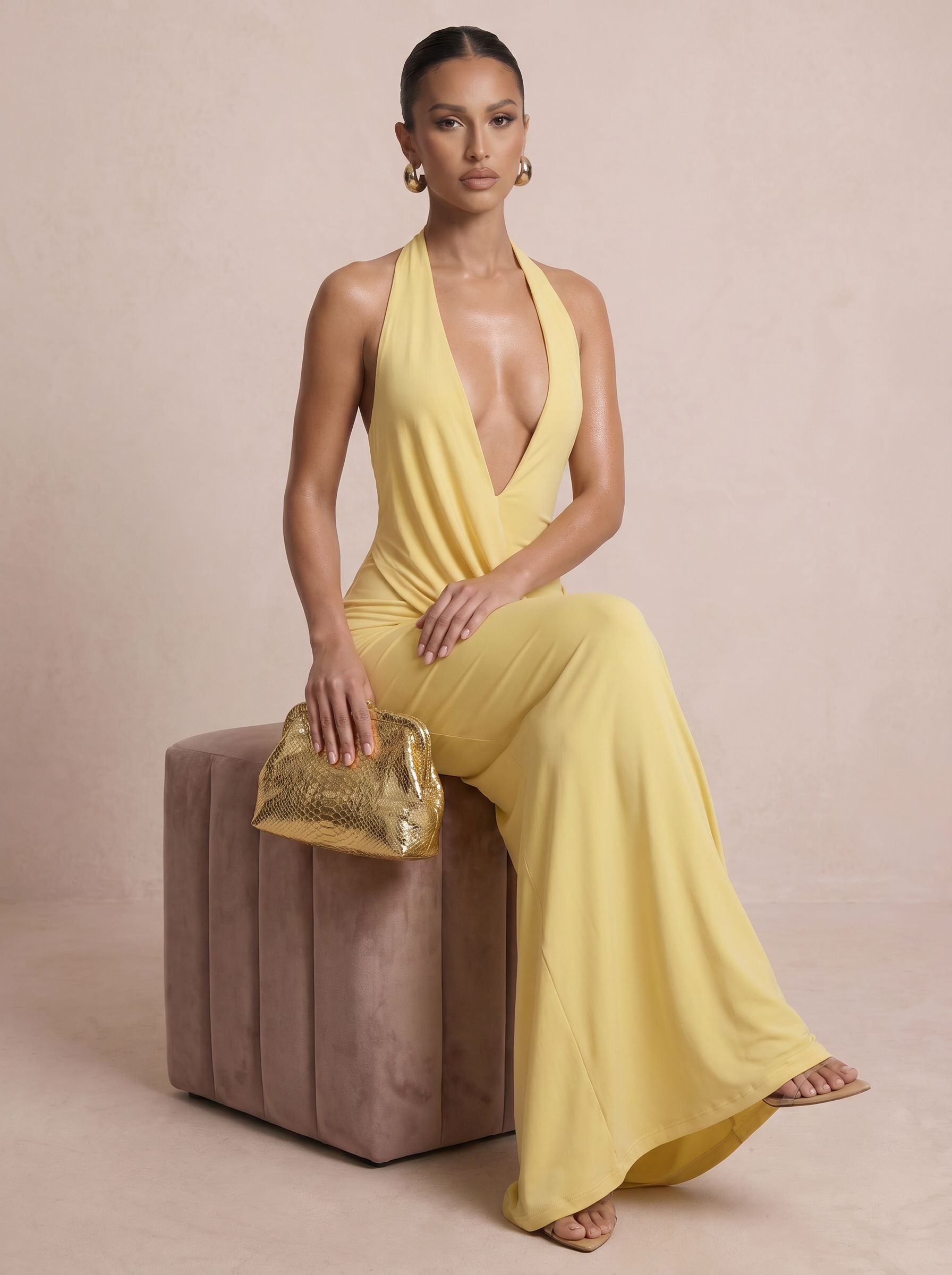 Nicole Yellow Halter Deep V-Neck Split Maxi Dress