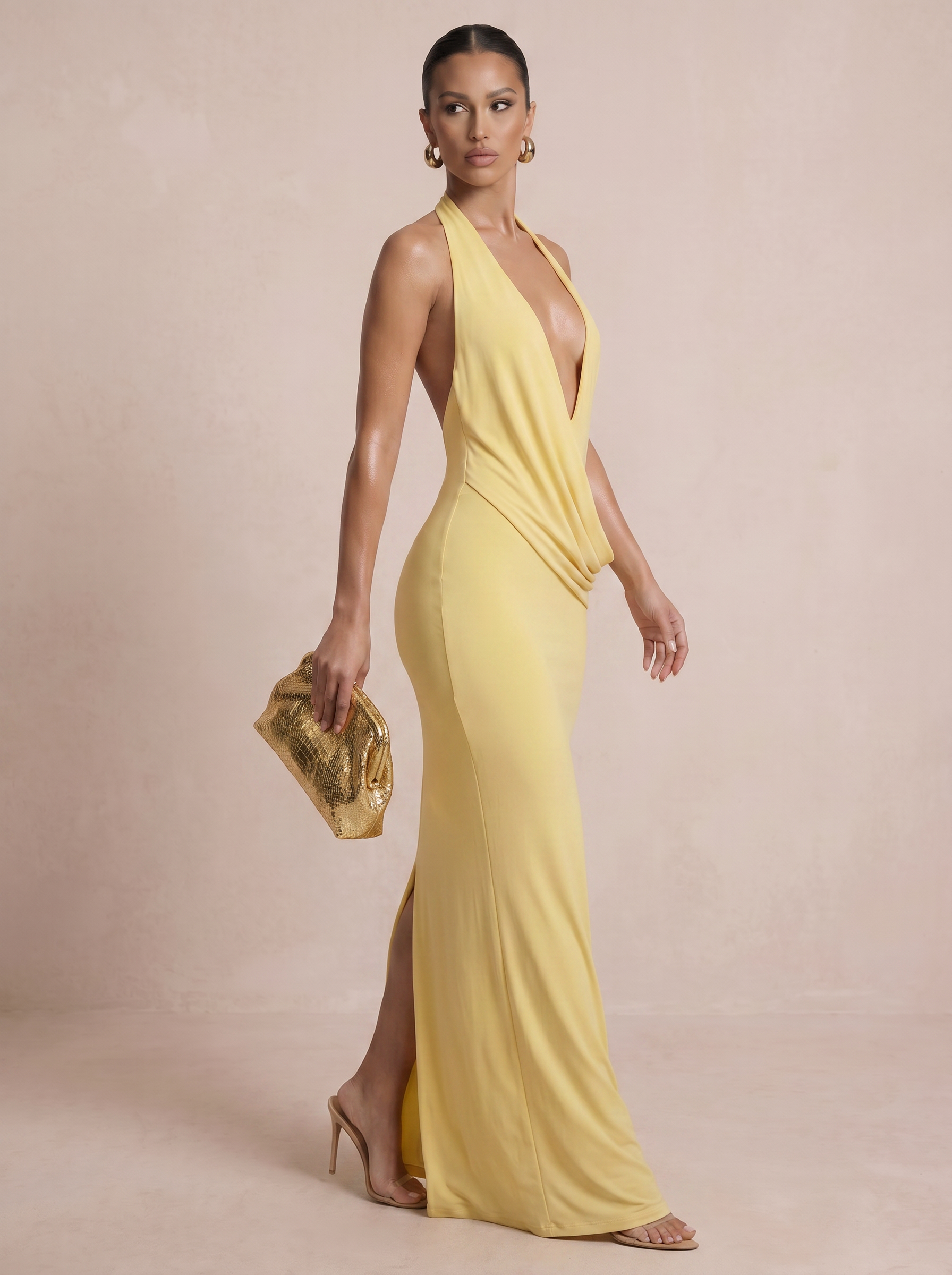 Nicole Yellow Halter Deep V-Neck Split Maxi Dress