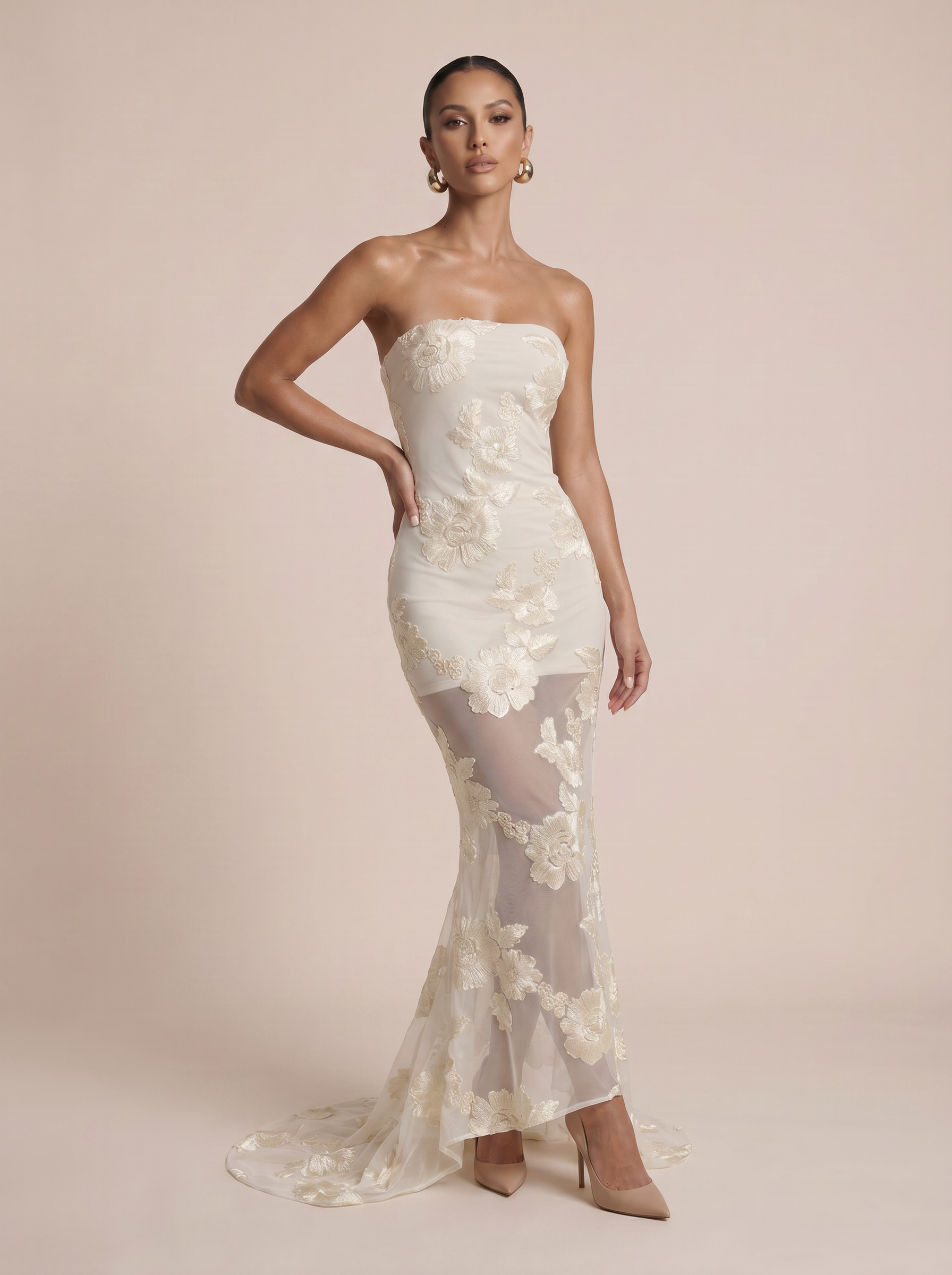 Kivia Strapless Embroidery Bodycon Maxi Dress