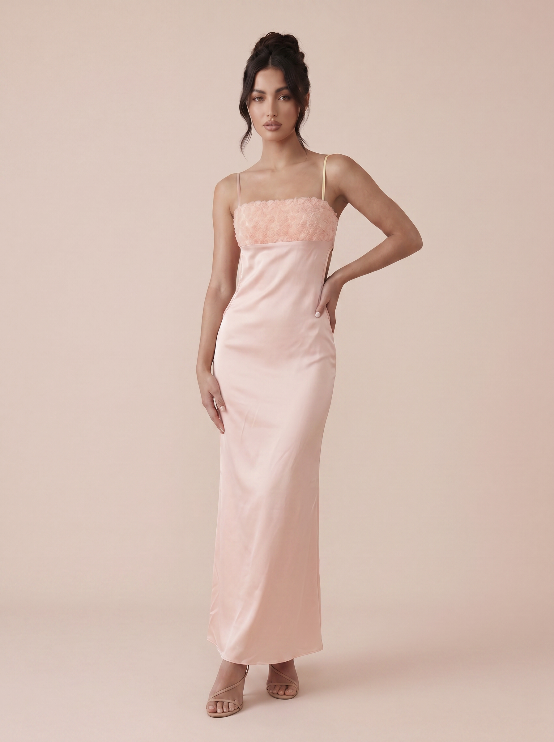 Hailie Rose Pink Applique Satin Maxi Dress