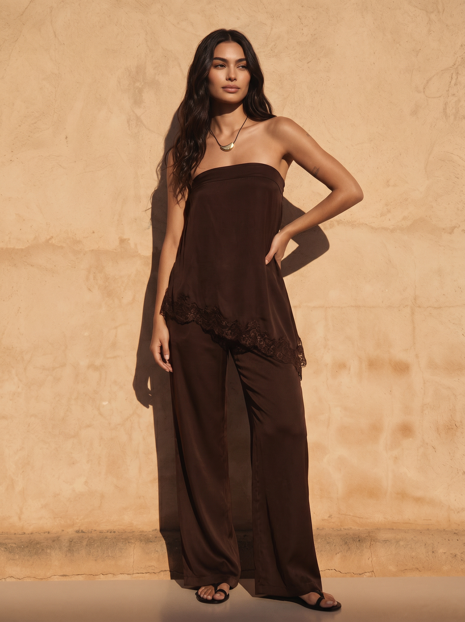 Thea Two Piece Satin Pants Set Halter Asymmetrical Tank Top Set